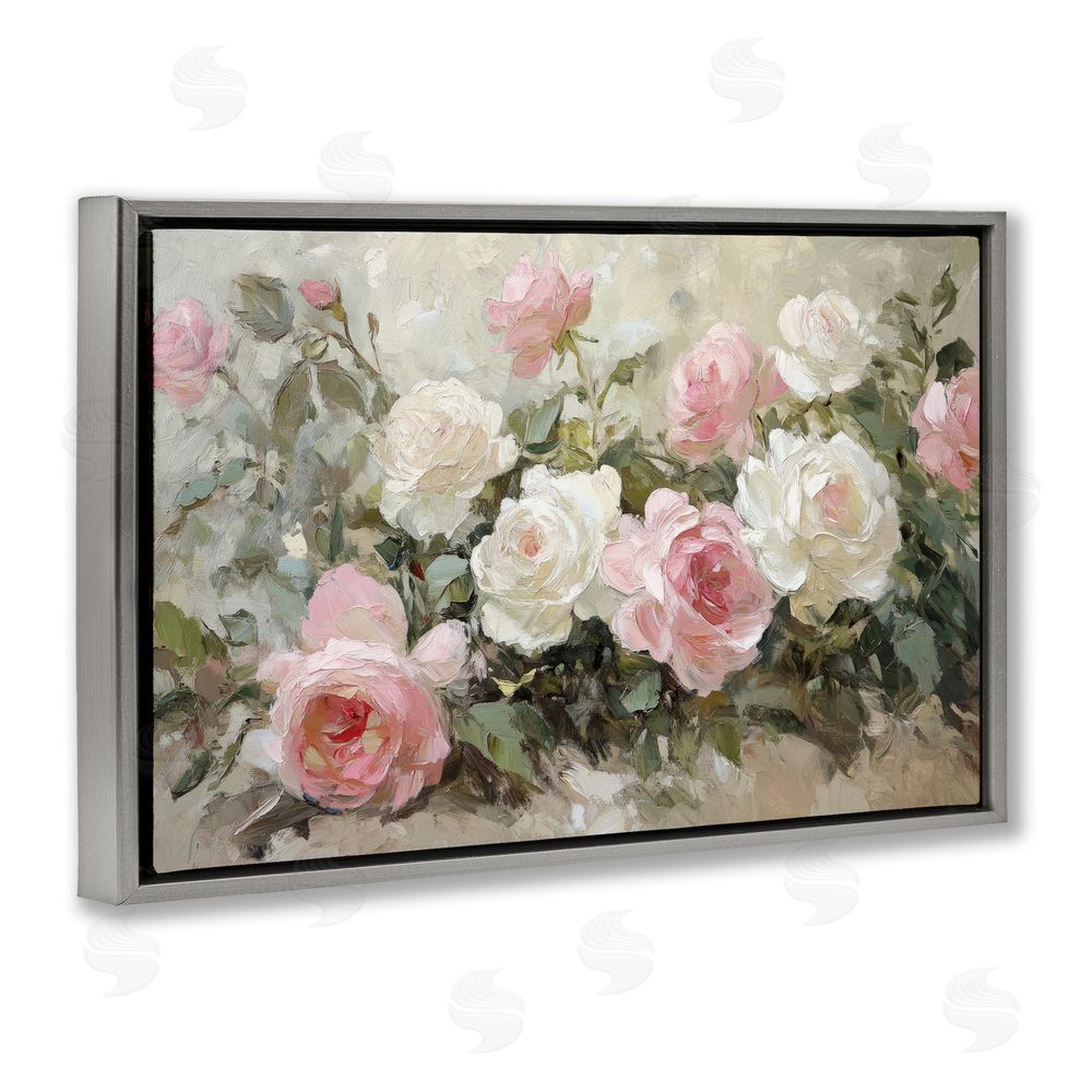 Petal Prints Design Rose Bouquets Pink and White Gray Floating Frame Canvas Wall Art Print