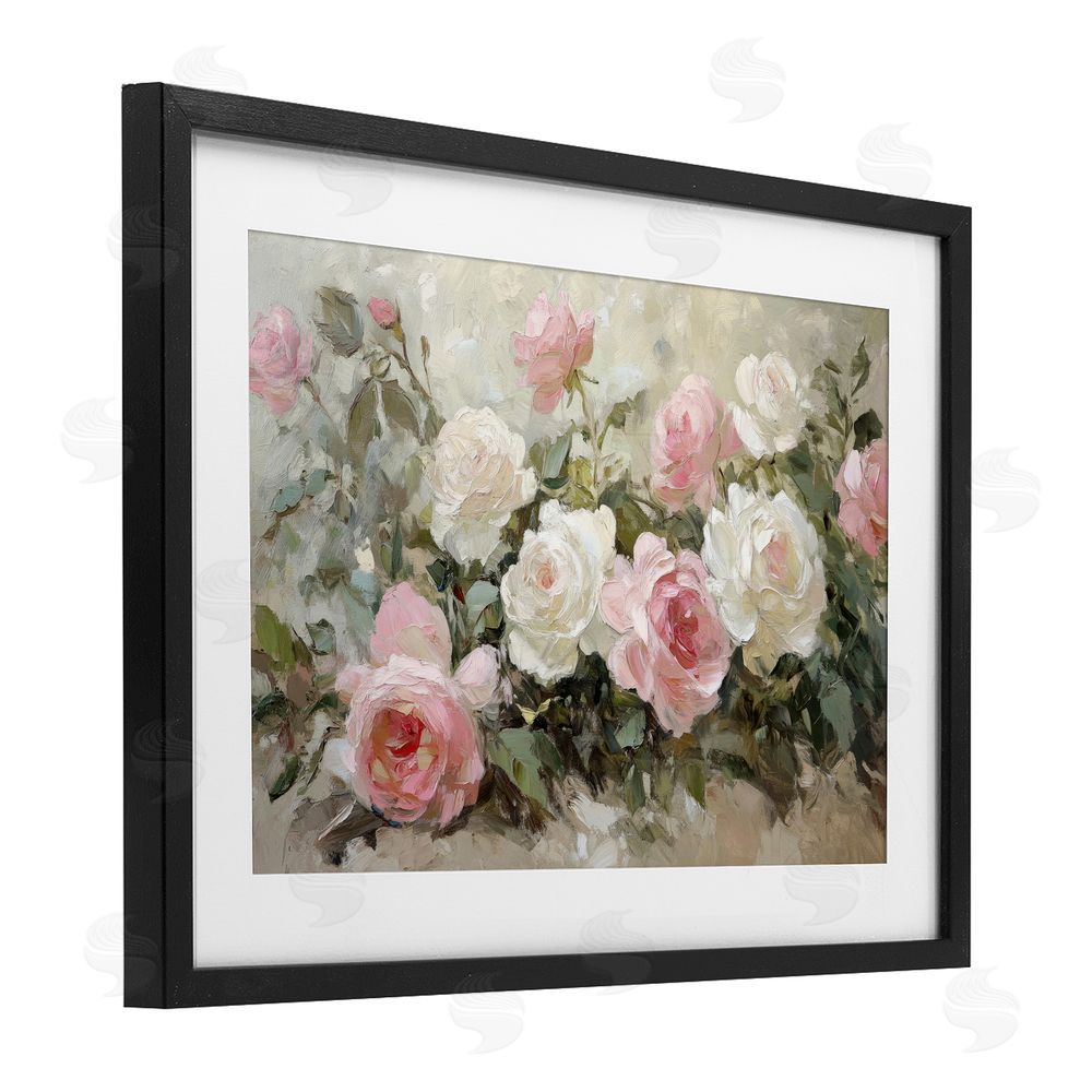 Petal Prints Design Rose Bouquets Pink and White Black Framed Print Under Glass with White Mat Wall Art