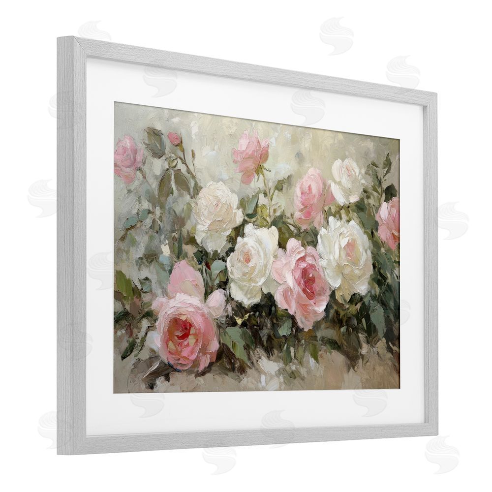 Petal Prints Design Rose Bouquets Pink and White Gray Framed Print Under Glass with White Mat Wall Art