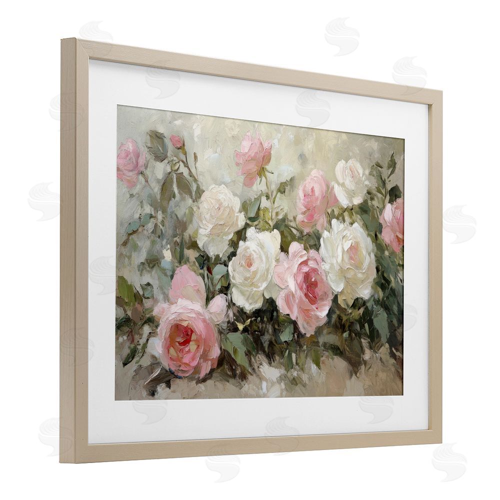 Petal Prints Design Rose Bouquets Pink and White Birch Framed Print Under Glass with White Mat Wall Art