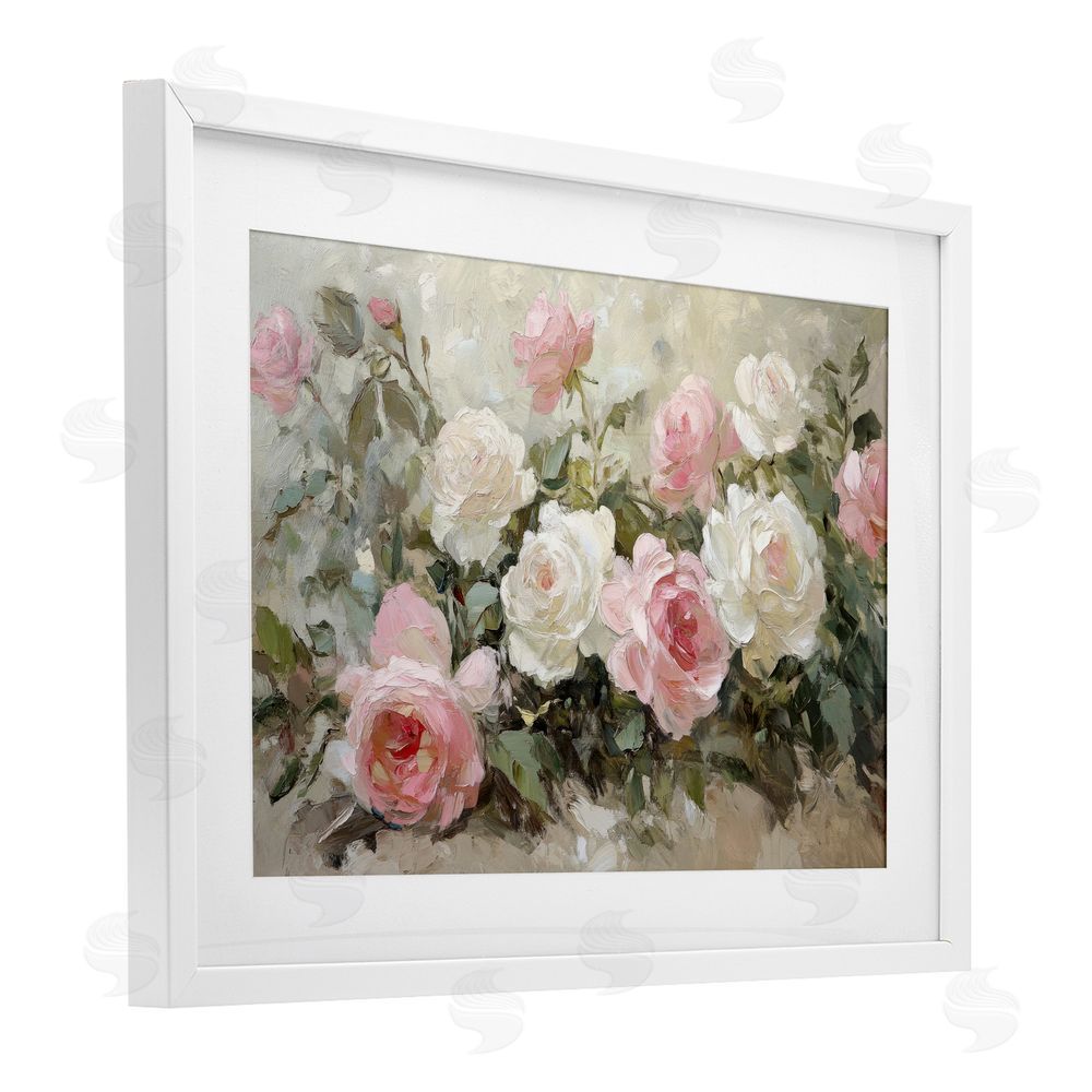 Petal Prints Design Rose Bouquets Pink and White White Framed Print Under Glass with Mat Wall Art