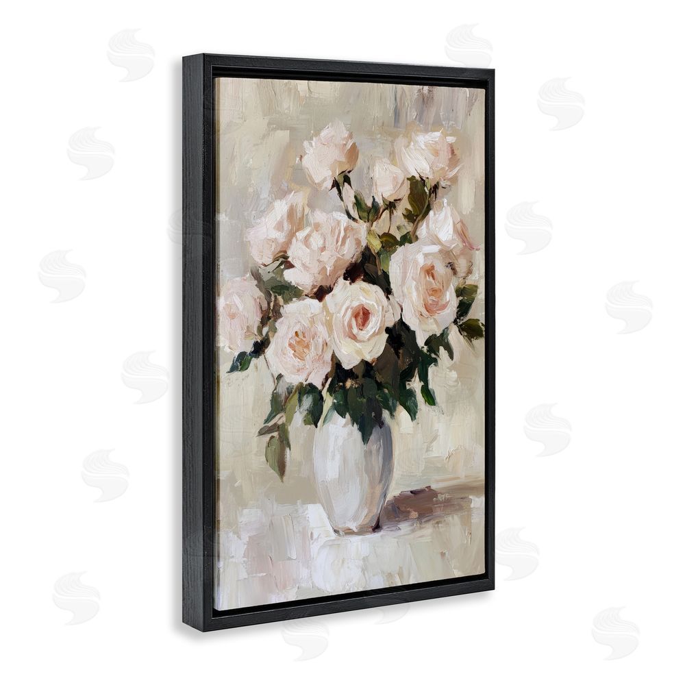 Petal Prints Design Peachy Roses in Flower Vase Black Floating Frame Canvas Wall Art Print