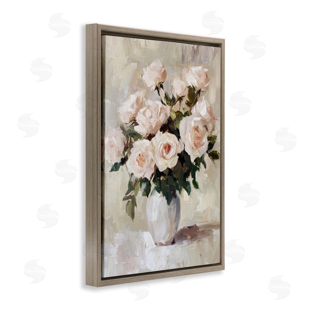 Petal Prints Design Peachy Roses in Flower Vase Brown Floating Frame Canvas Wall Art Print