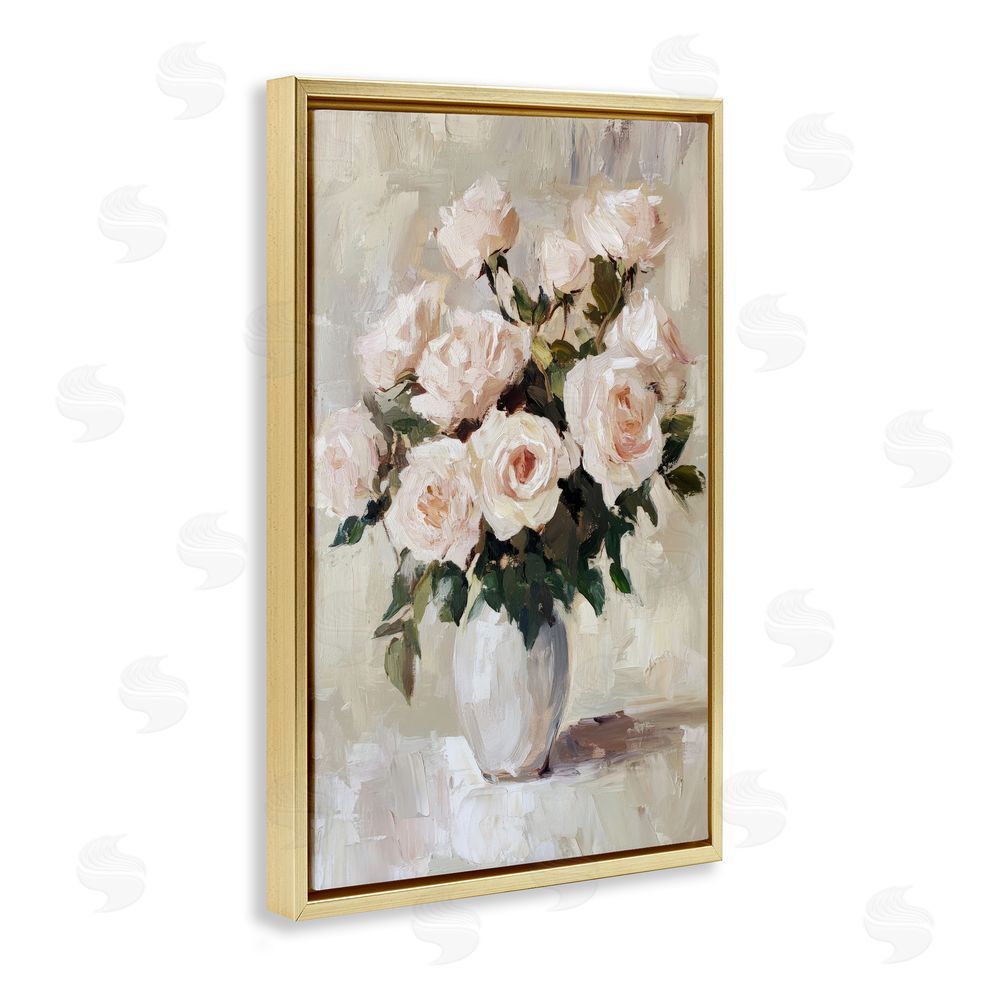 Petal Prints Design Peachy Roses in Flower Vase Gold Floating Frame Canvas Wall Art Print