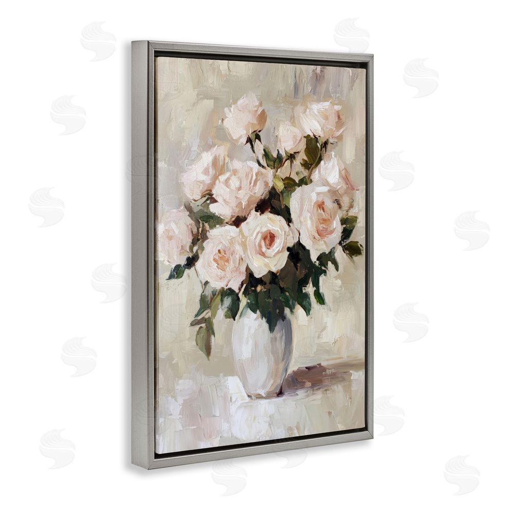 Petal Prints Design Peachy Roses in Flower Vase Gray Floating Frame Canvas Wall Art Print