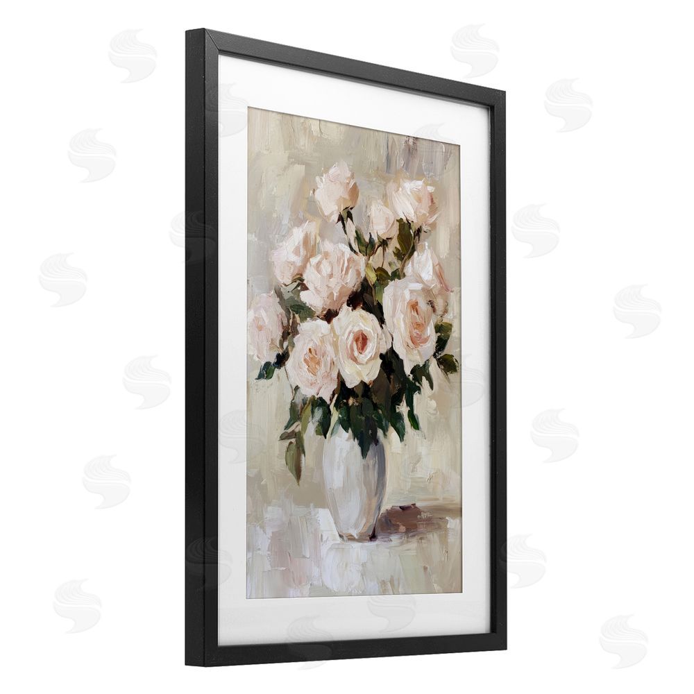 Petal Prints Design Peachy Roses in Flower Vase Black Framed Print Under Glass with White Mat Wall Art