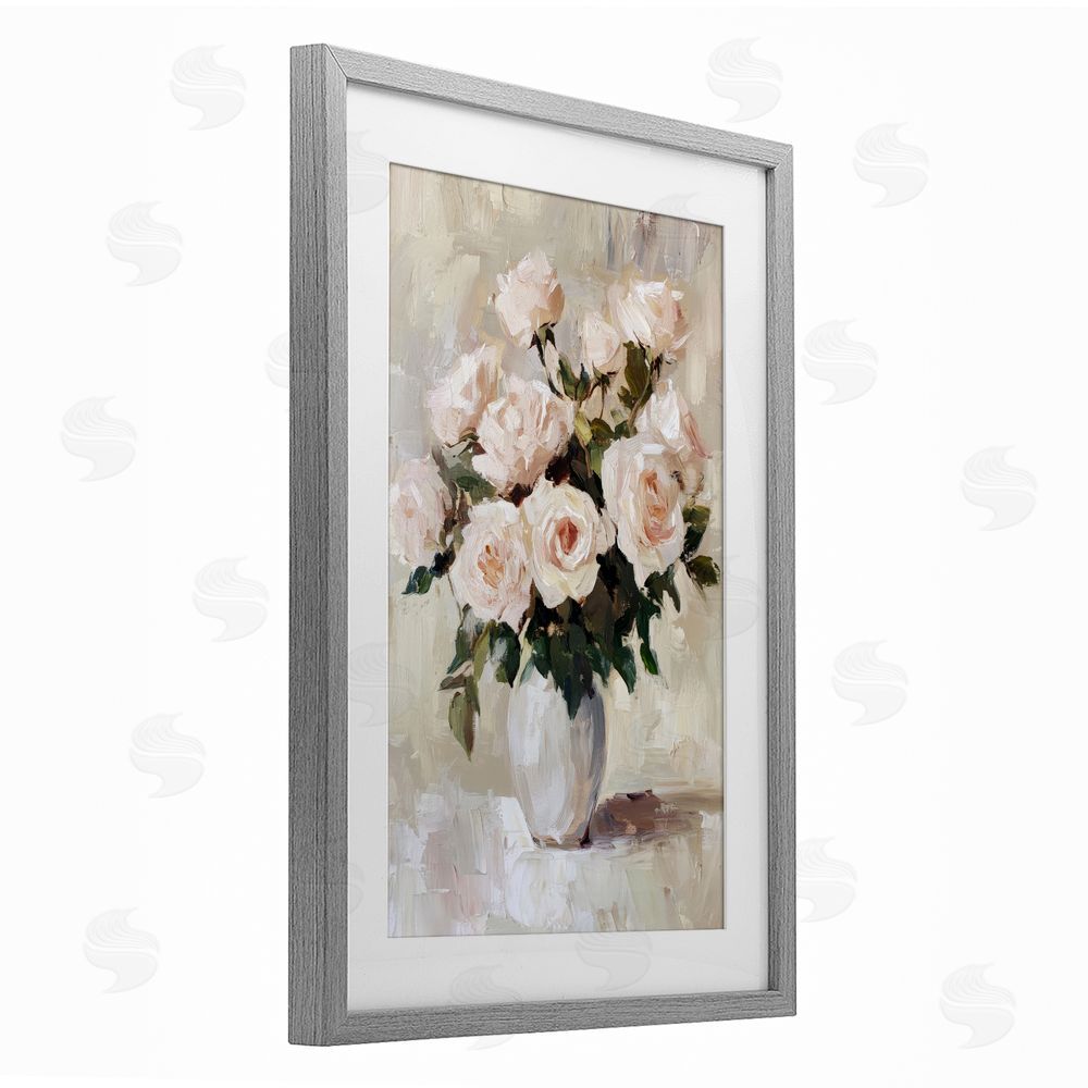 Petal Prints Design Peachy Roses in Flower Vase Gray Framed Print Under Glass with White Mat Wall Art