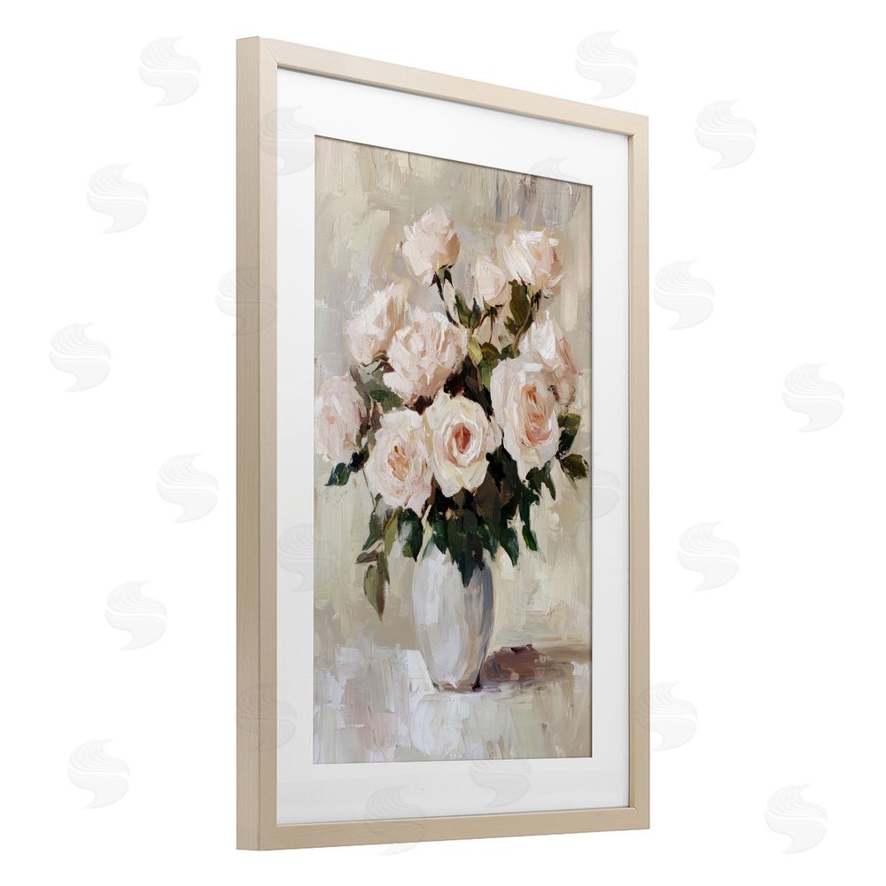 Petal Prints Design Peachy Roses in Flower Vase Birch Framed Print Under Glass with White Mat Wall Art