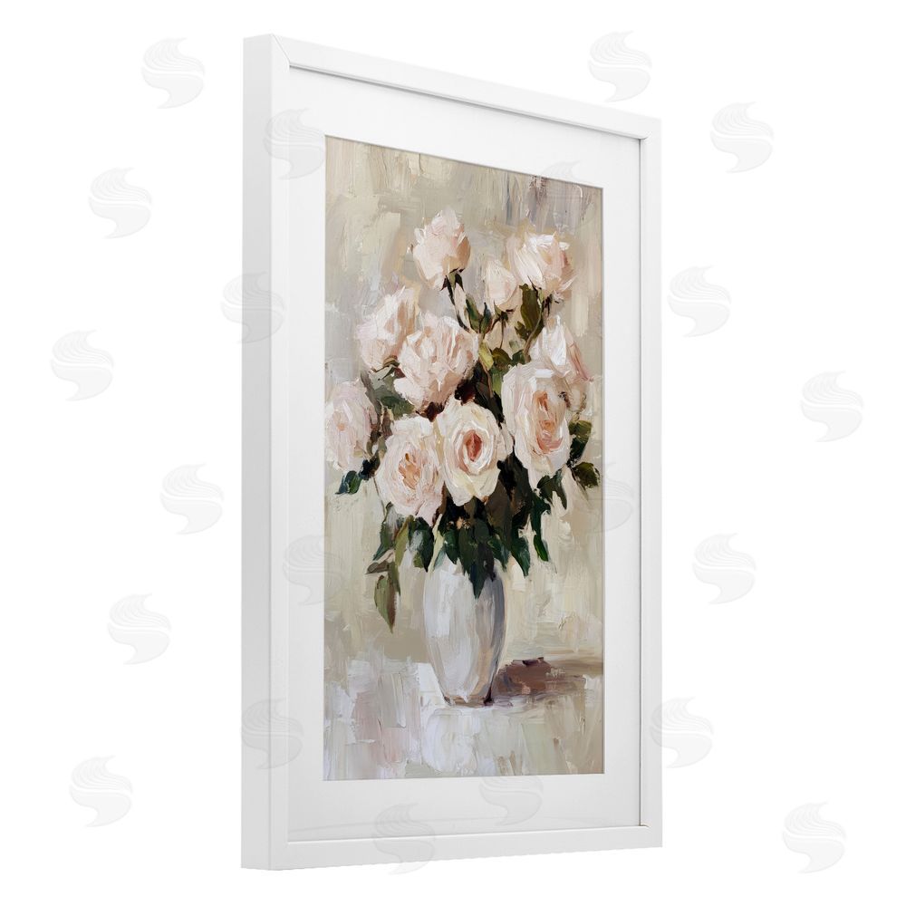 Petal Prints Design Peachy Roses in Flower Vase White Framed Print Under Glass with Mat Wall Art