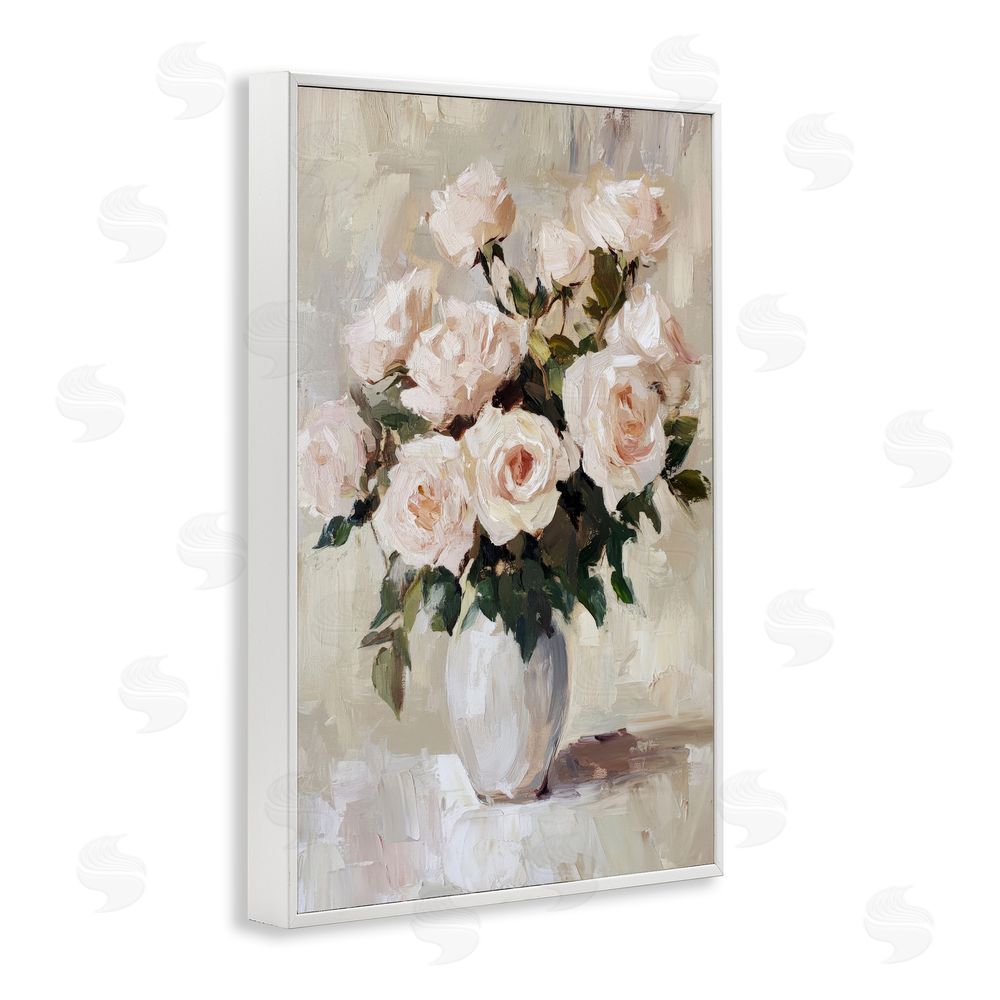 Petal Prints Design Peachy Roses in Flower Vase White Framed Giclee Wall Art Print