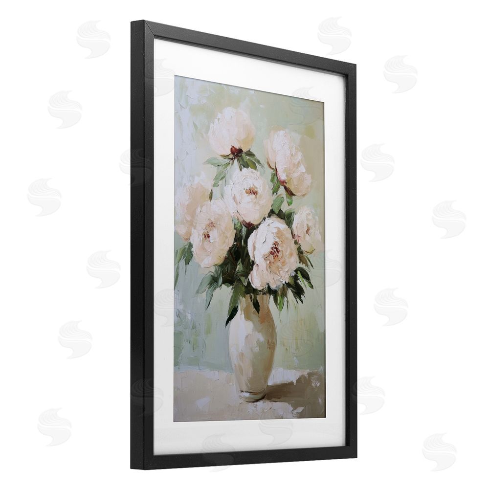 Petal Prints Design Soft Pink Bouquet Florals Black Framed Print Under Glass with White Mat Wall Art
