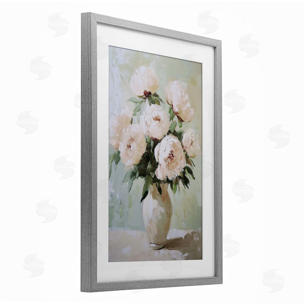 Petal Prints Design Soft Pink Bouquet Florals Gray Framed Print Under Glass with White Mat Wall Art