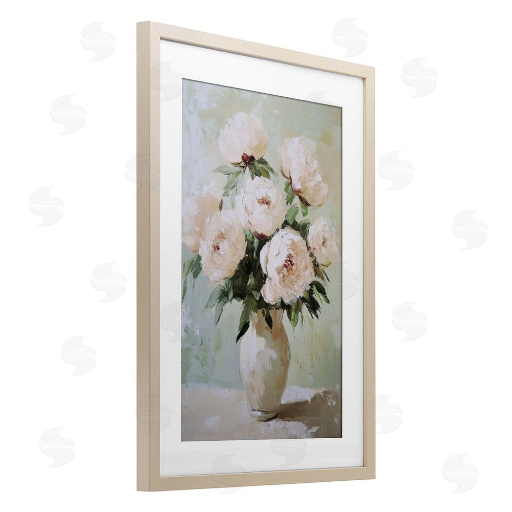 Petal Prints Design Soft Pink Bouquet Florals Birch Framed Print Under Glass with White Mat Wall Art