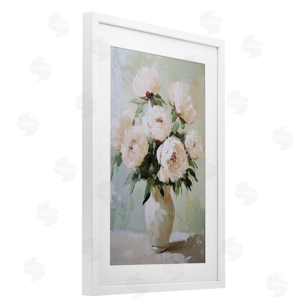 Petal Prints Design Soft Pink Bouquet Florals White Framed Print Under Glass with Mat Wall Art