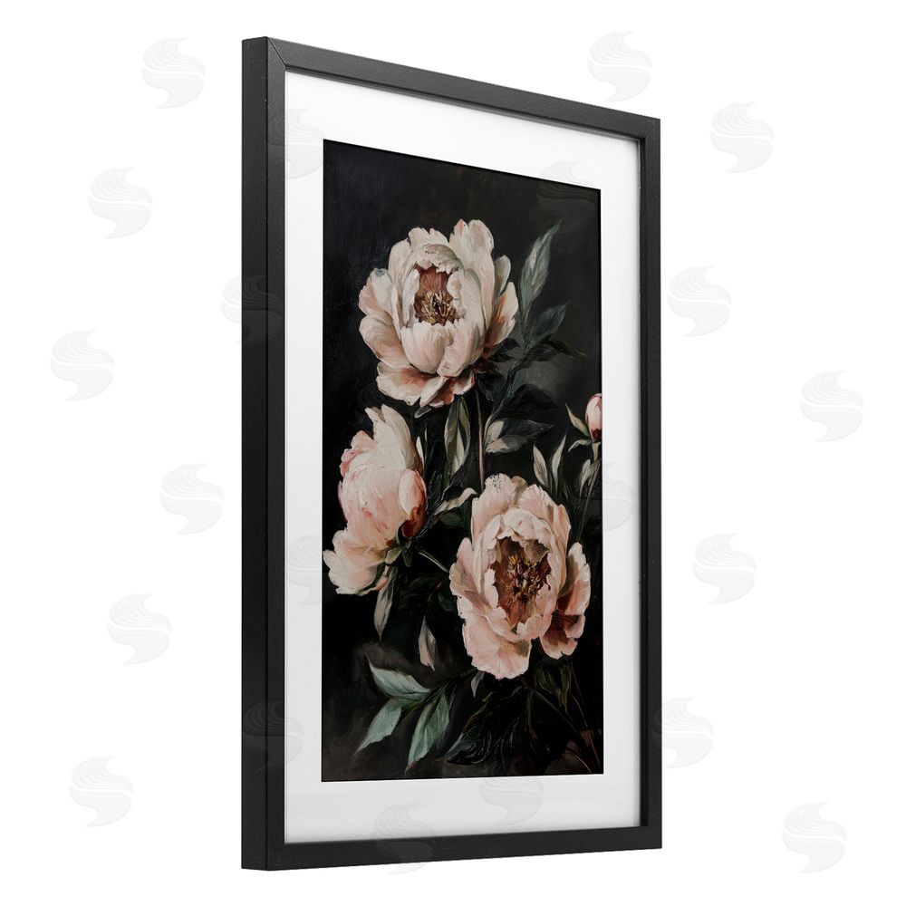Petal Prints Design Dusty Pink Roses Floral Painting Black Framed Print Under Glass with White Mat Wall Art