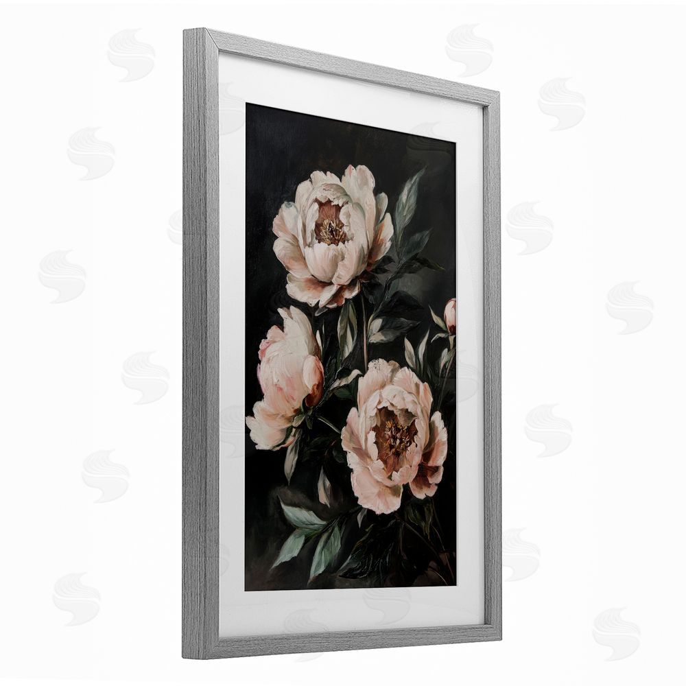 Petal Prints Design Dusty Pink Roses Floral Painting Gray Framed Print Under Glass with White Mat Wall Art
