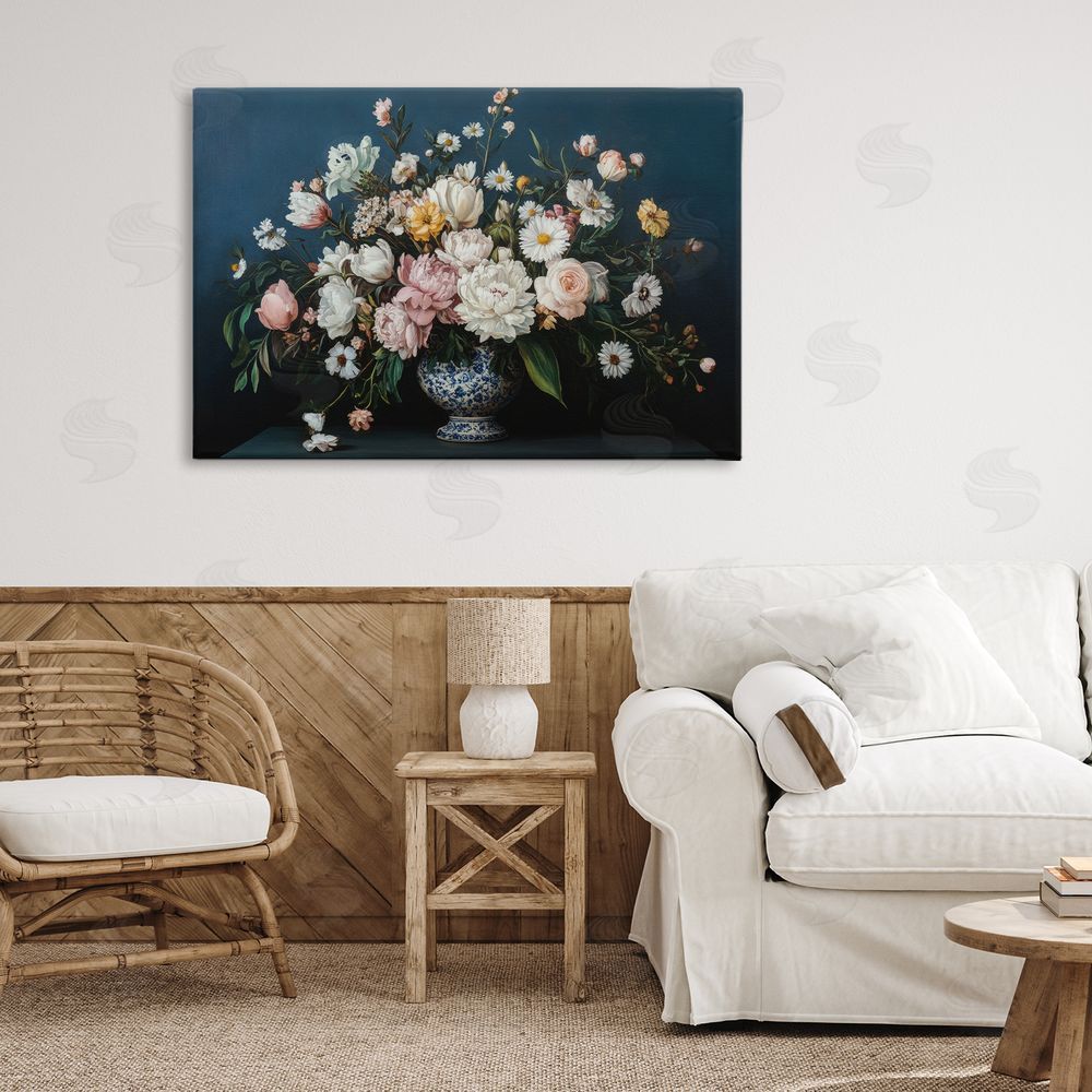 Petal Prints Design Moody Blue Floral Vase Canvas Art on Wall