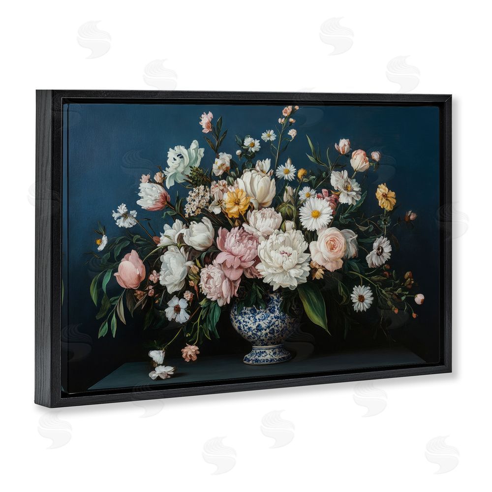 Petal Prints Design Moody Blue Floral Vase Black Floating Frame Canvas Wall Art Print