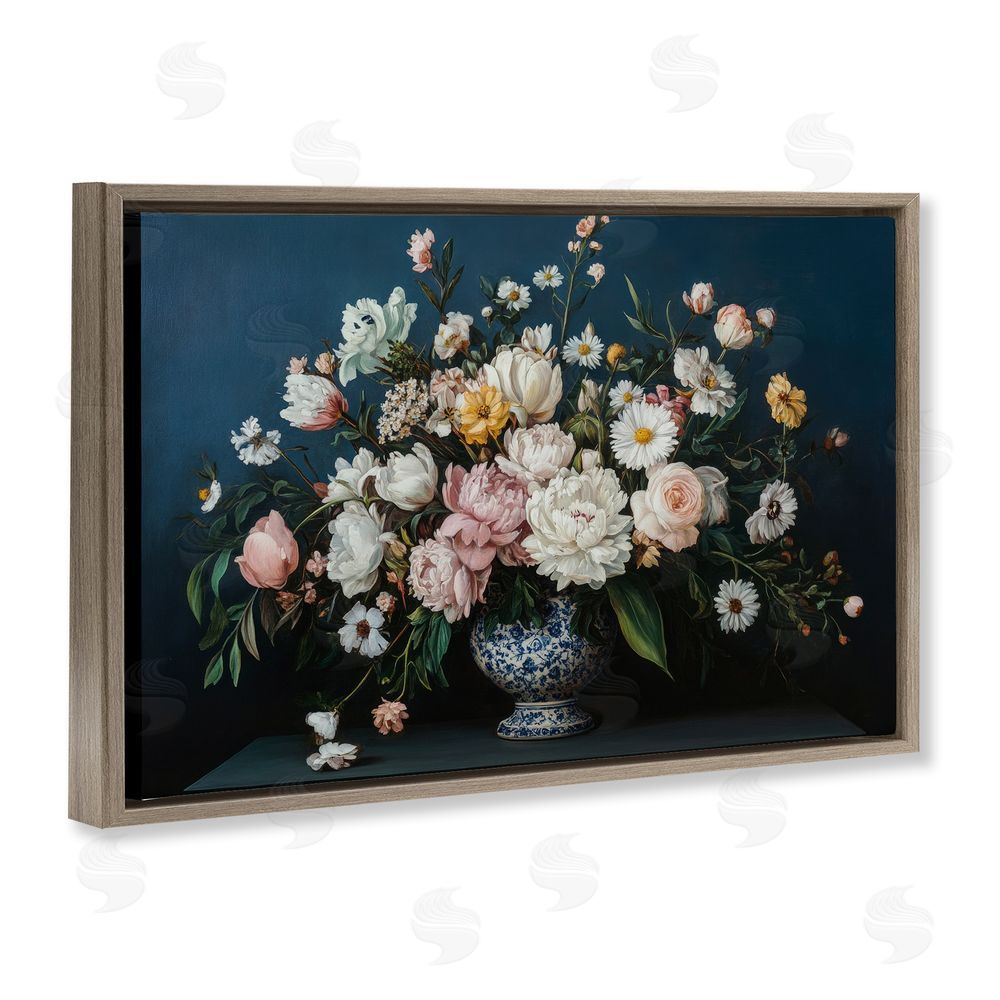 Petal Prints Design Moody Blue Floral Vase Brown Floating Frame Canvas Wall Art Print