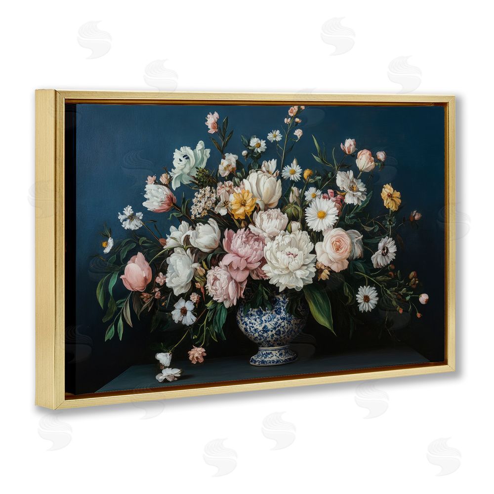 Petal Prints Design Moody Blue Floral Vase Gold Floating Frame Canvas Wall Art Print