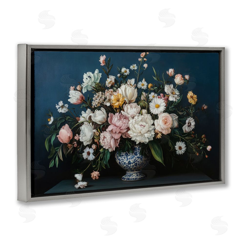 Petal Prints Design Moody Blue Floral Vase Gray Floating Frame Canvas Wall Art Print