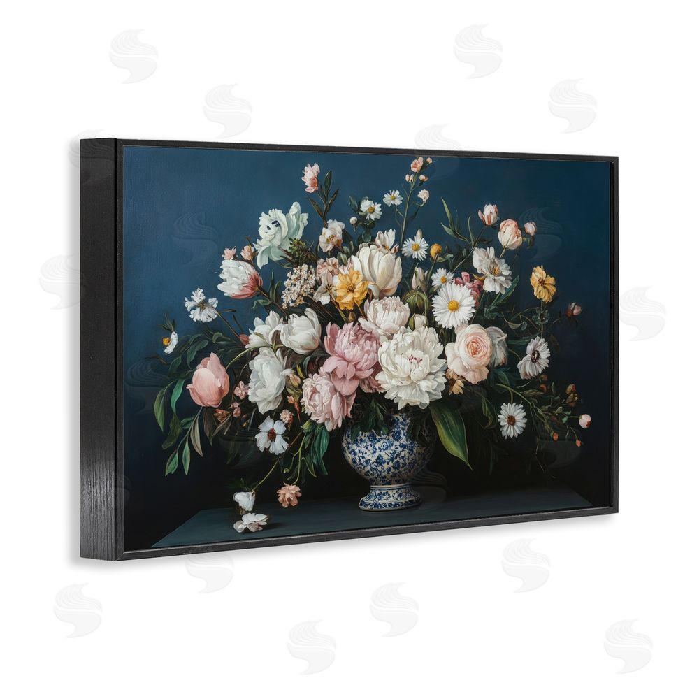 Petal Prints Design Moody Blue Floral Vase Black Framed Giclee Wall Art Print