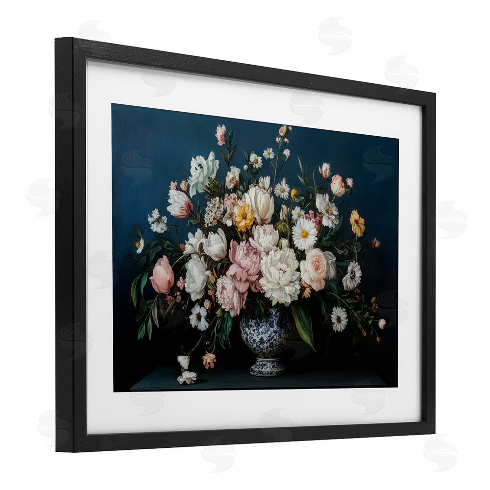 Petal Prints Design Moody Blue Floral Vase Black Framed Print Under Glass with White Mat Wall Art