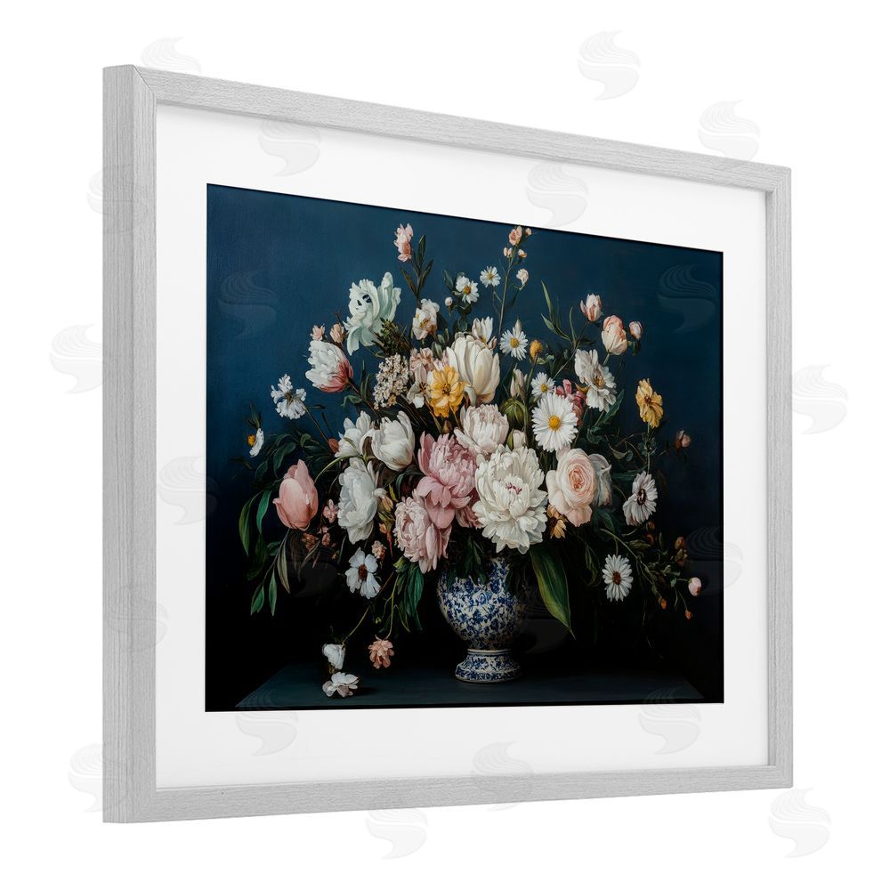 Petal Prints Design Moody Blue Floral Vase Gray Framed Print Under Glass with White Mat Wall Art