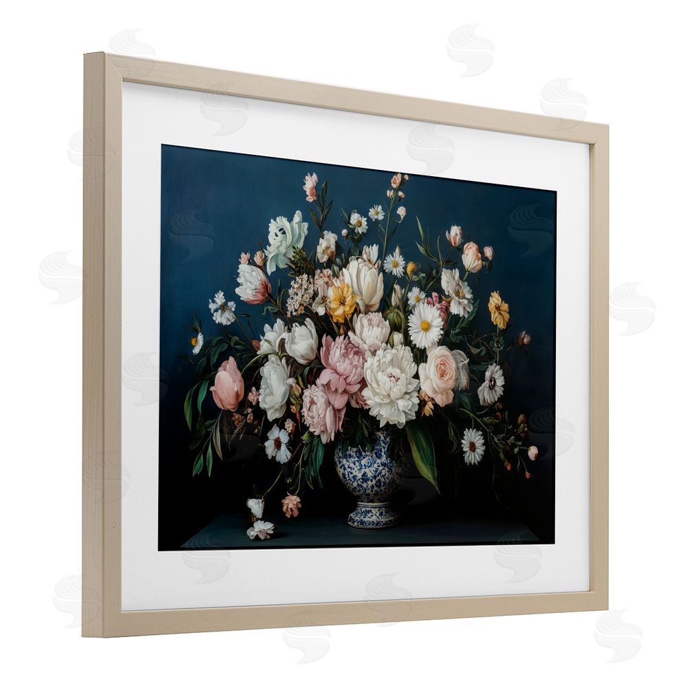 Petal Prints Design Moody Blue Floral Vase Birch Framed Print Under Glass with White Mat Wall Art
