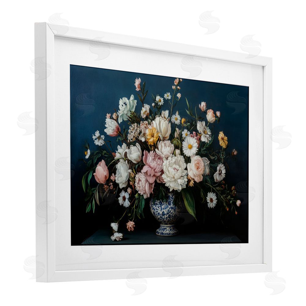 Petal Prints Design Moody Blue Floral Vase White Framed Print Under Glass with Mat Wall Art
