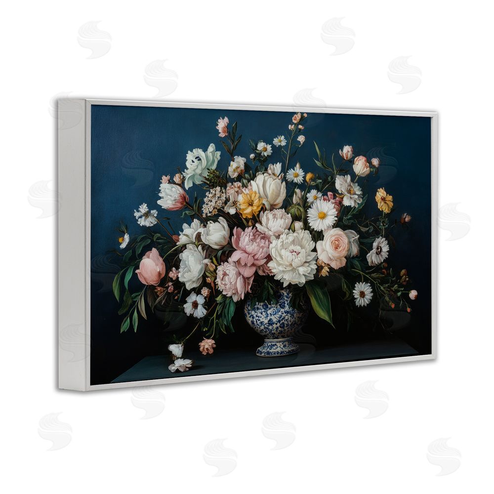 Petal Prints Design Moody Blue Floral Vase White Framed Giclee Wall Art Print