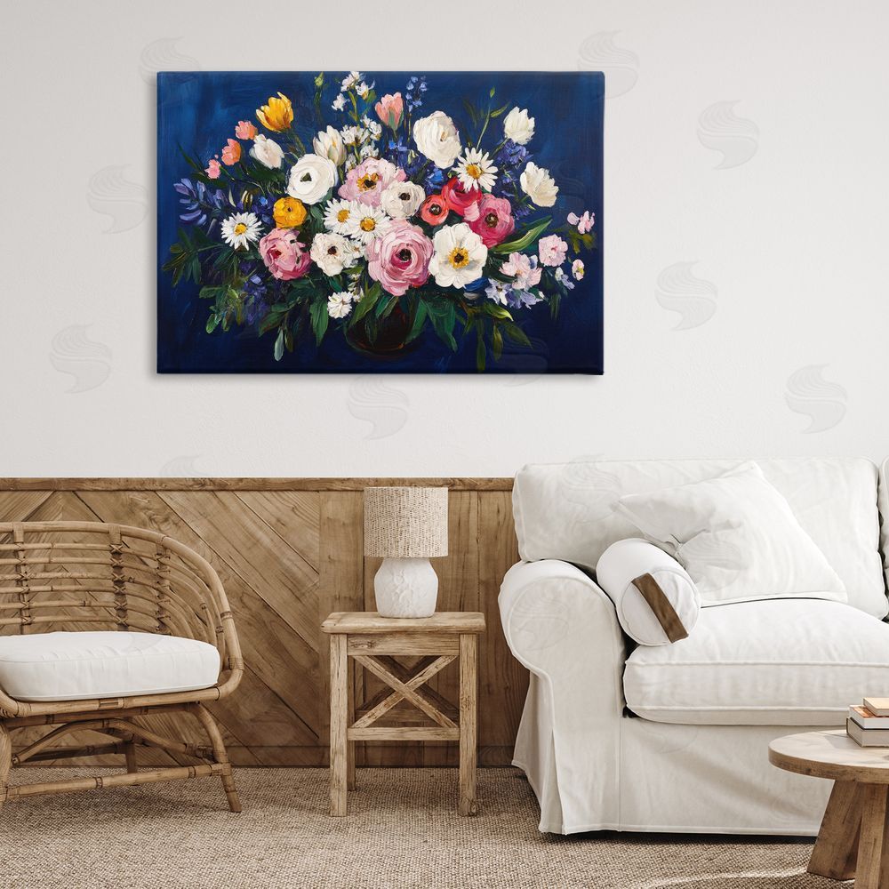 Petal Prints Design Vibrant Florals over Deep Blue Canvas Art on Wall