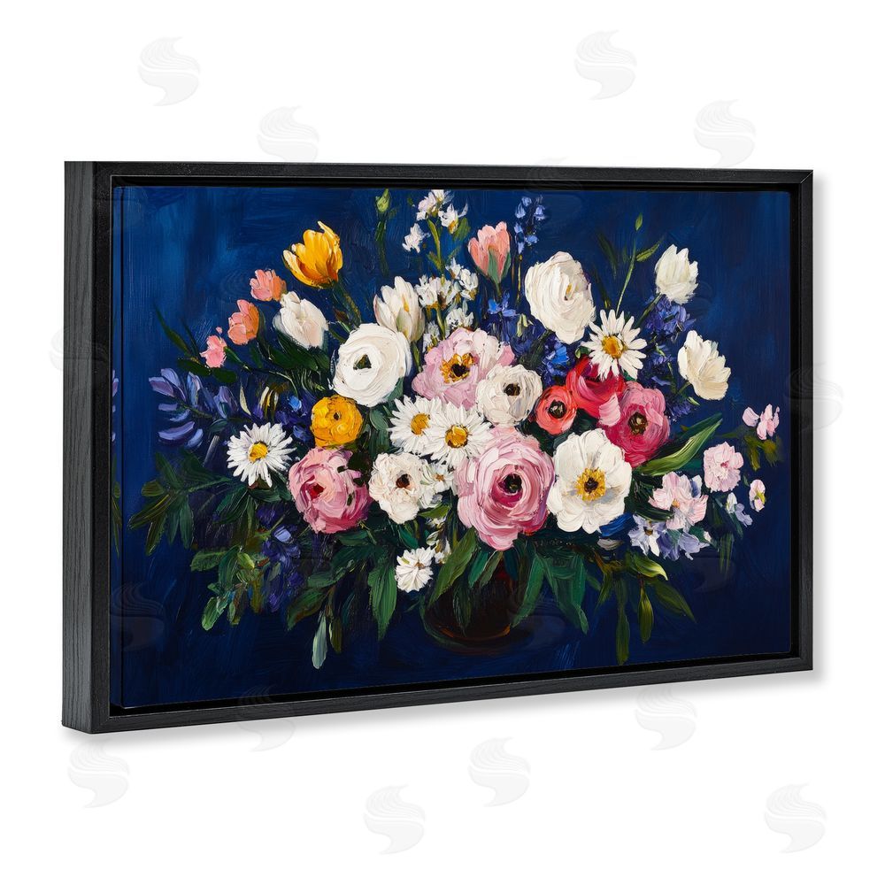 Petal Prints Design Vibrant Florals over Deep Blue Black Floating Frame Canvas Wall Art Print