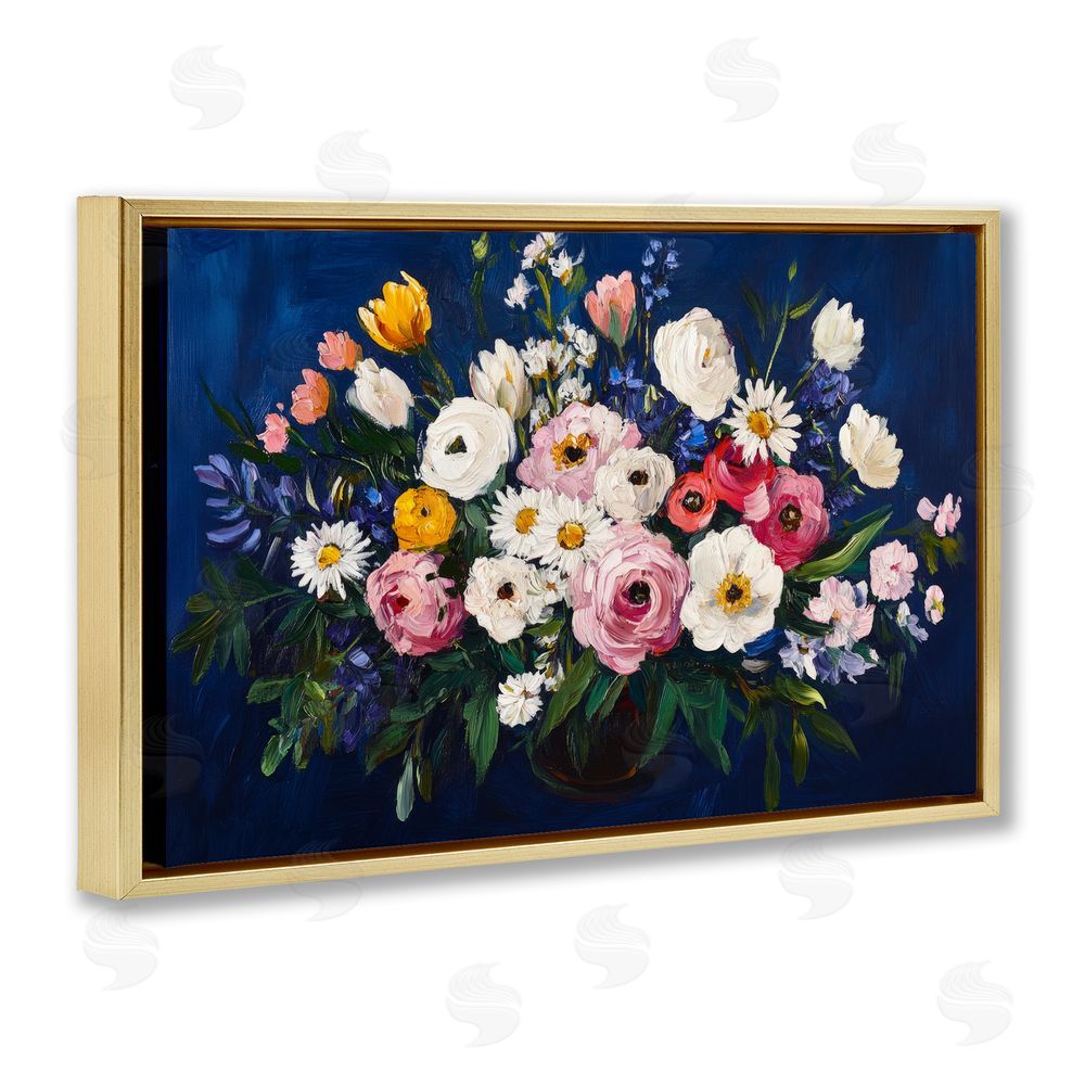 Petal Prints Design Vibrant Florals over Deep Blue Gold Floating Frame Canvas Wall Art Print