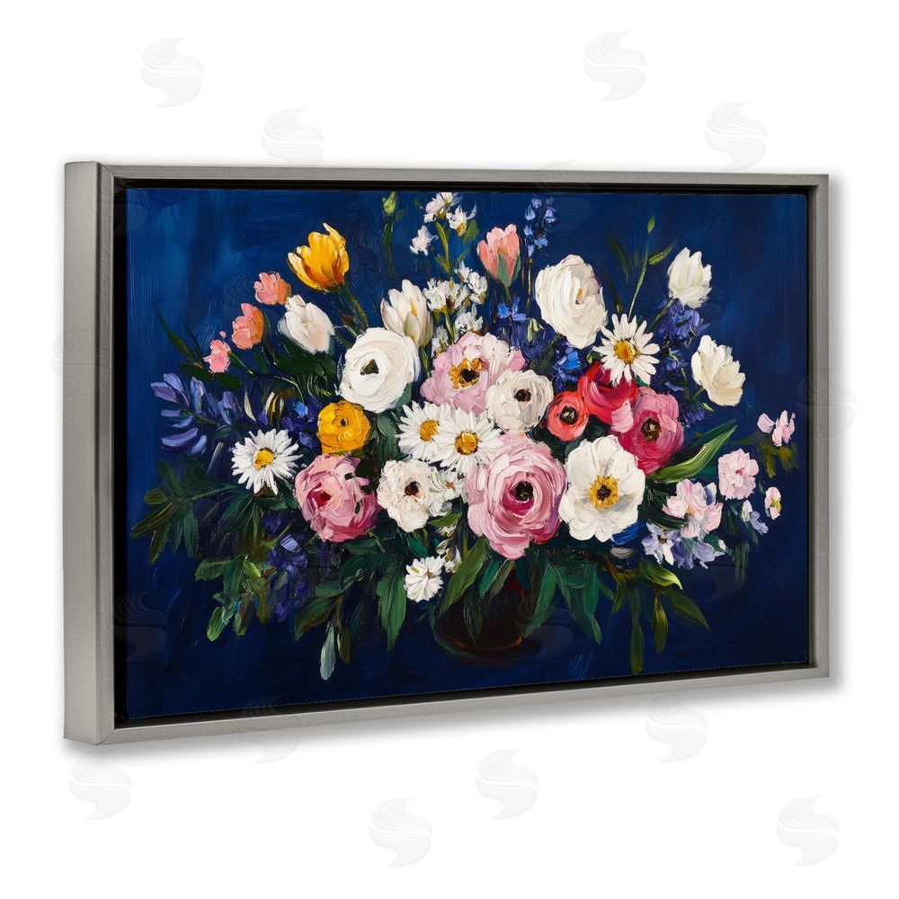 Petal Prints Design Vibrant Florals over Deep Blue Gray Floating Frame Canvas Wall Art Print