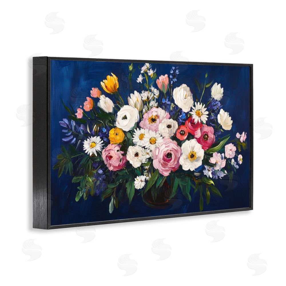 Petal Prints Design Vibrant Florals over Deep Blue Black Framed Giclee Wall Art Print
