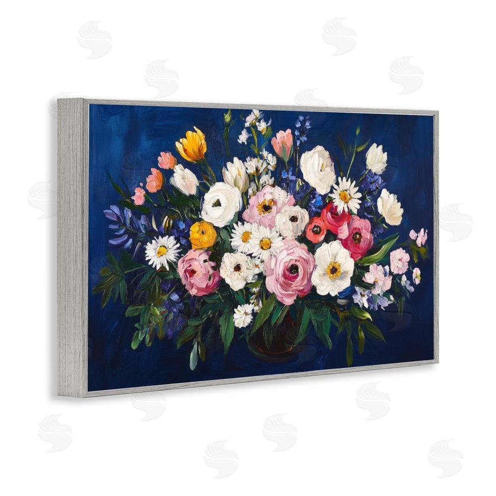 Petal Prints Design Vibrant Florals over Deep Blue Gray Framed Giclee Wall Art Print