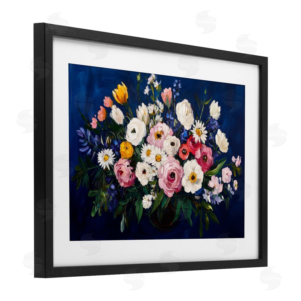Petal Prints Design Vibrant Florals over Deep Blue Black Framed Print Under Glass with White Mat Wall Art