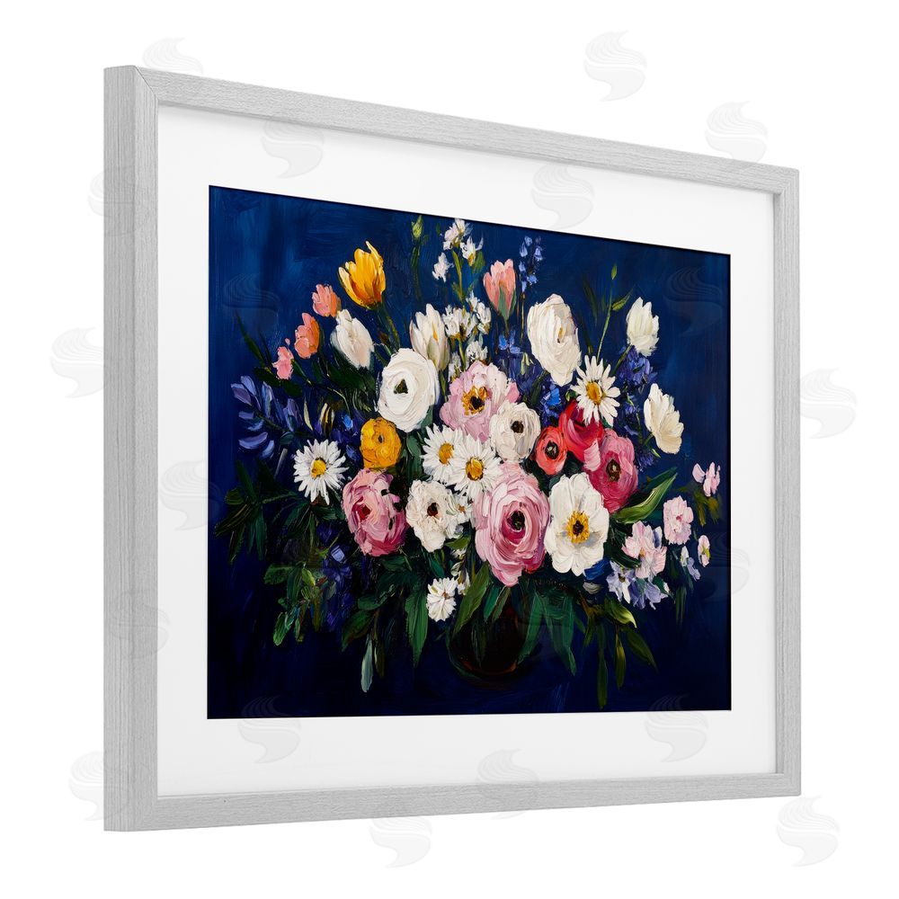 Petal Prints Design Vibrant Florals over Deep Blue Gray Framed Print Under Glass with White Mat Wall Art