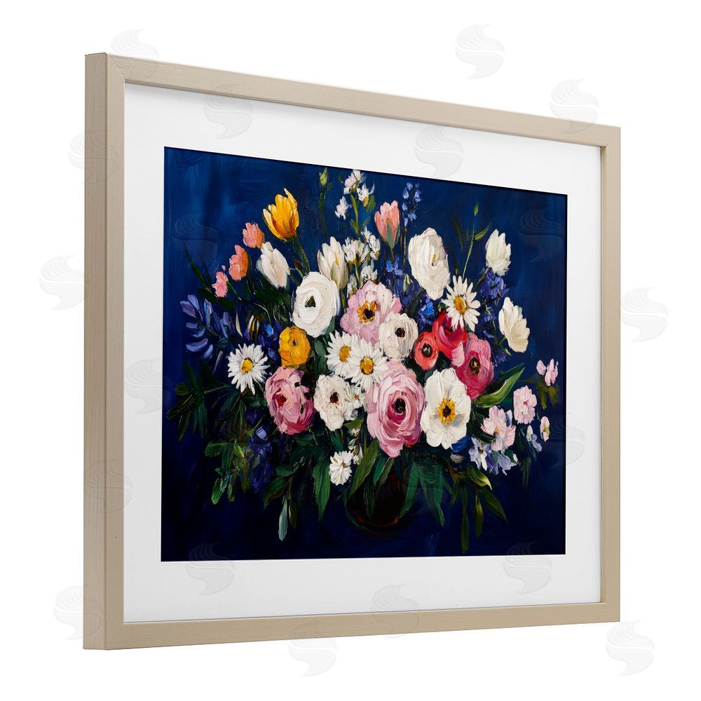 Petal Prints Design Vibrant Florals over Deep Blue Birch Framed Print Under Glass with White Mat Wall Art