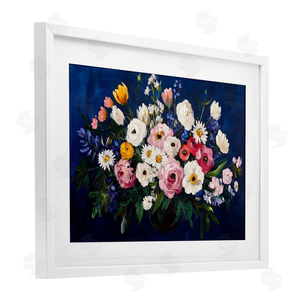 Petal Prints Design Vibrant Florals over Deep Blue White Framed Print Under Glass with Mat Wall Art