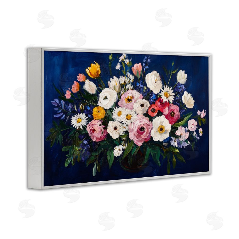 Petal Prints Design Vibrant Florals over Deep Blue White Framed Giclee Wall Art Print