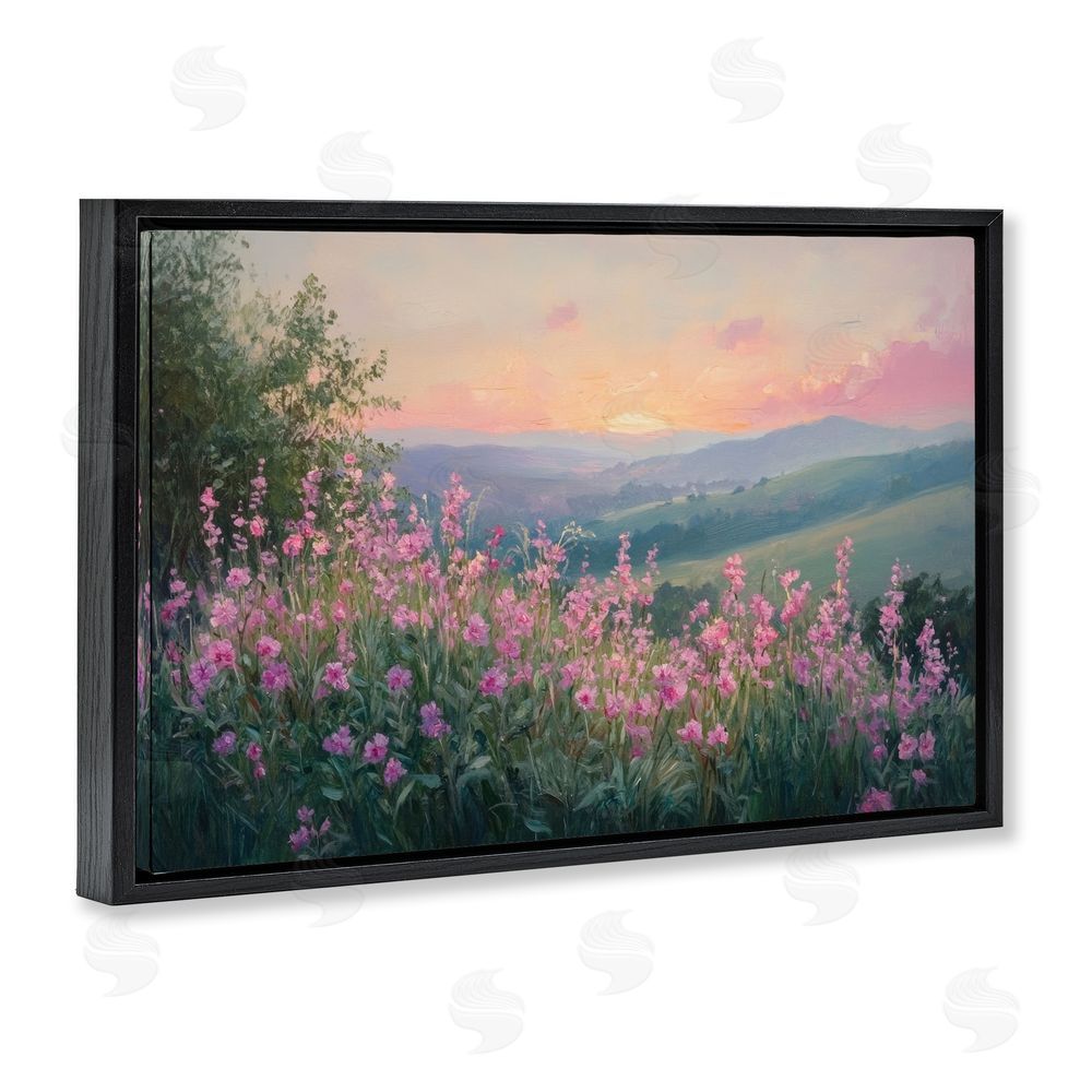 Petal Prints Design Twilight Meadow Pink Flowers Black Floating Frame Canvas Wall Art Print