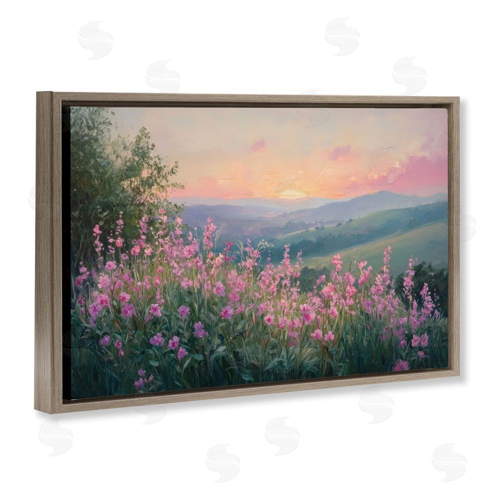 Petal Prints Design Twilight Meadow Pink Flowers Brown Floating Frame Canvas Wall Art Print