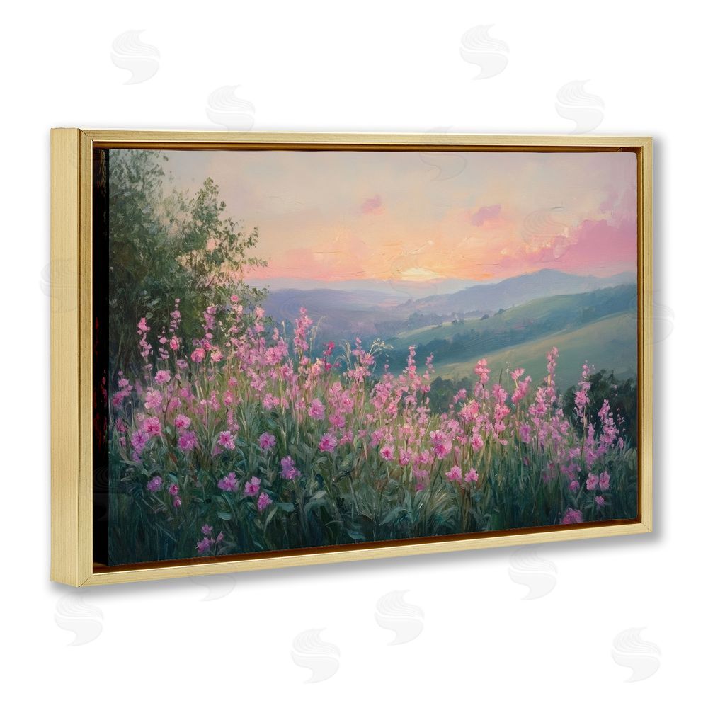 Petal Prints Design Twilight Meadow Pink Flowers Gold Floating Frame Canvas Wall Art Print