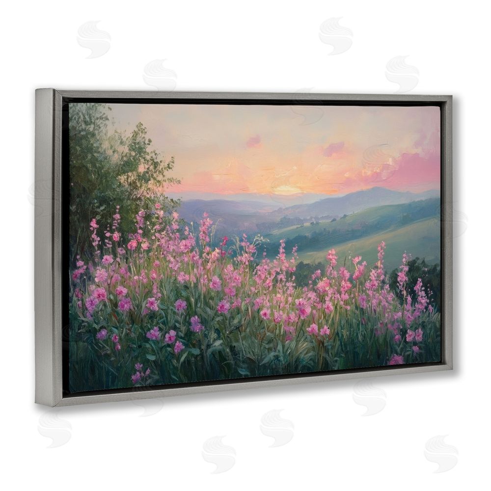 Petal Prints Design Twilight Meadow Pink Flowers Gray Floating Frame Canvas Wall Art Print