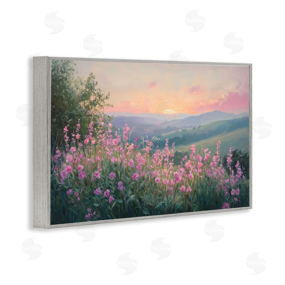Petal Prints Design Twilight Meadow Pink Flowers Gray Framed Giclee Wall Art Print