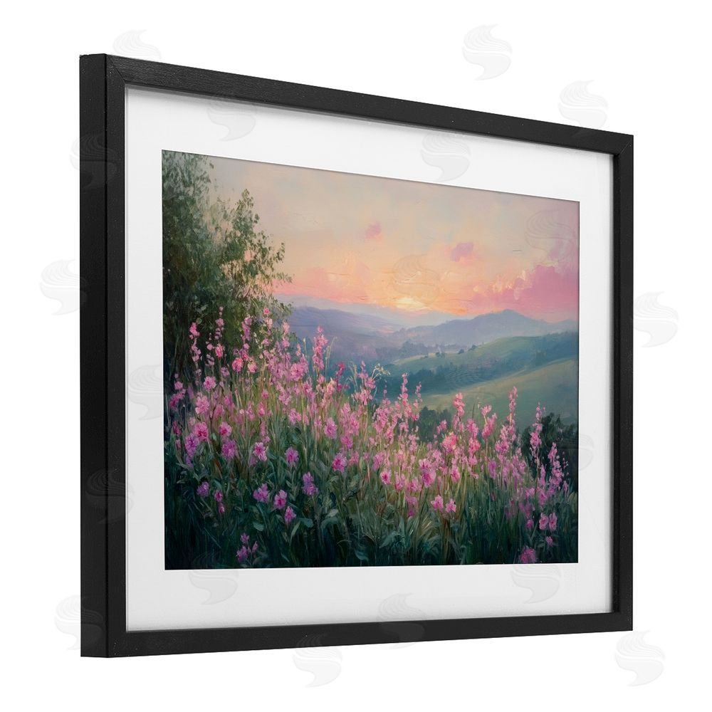 Petal Prints Design Twilight Meadow Pink Flowers Black Framed Print Under Glass with White Mat Wall Art