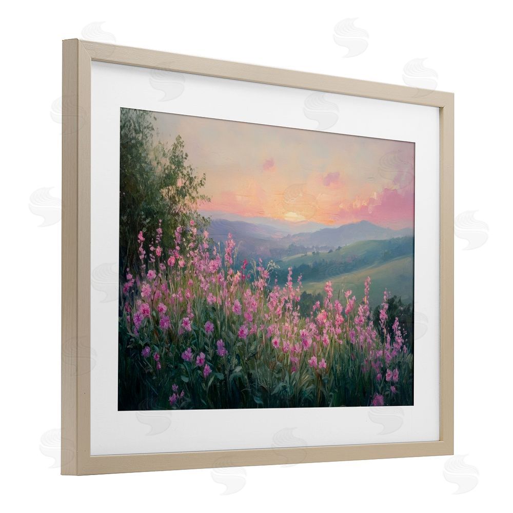 Petal Prints Design Twilight Meadow Pink Flowers Birch Framed Print Under Glass with White Mat Wall Art