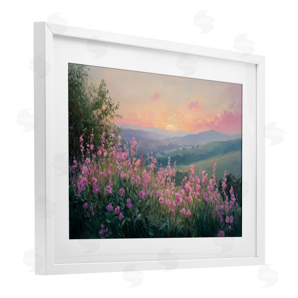 Petal Prints Design Twilight Meadow Pink Flowers White Framed Print Under Glass with Mat Wall Art